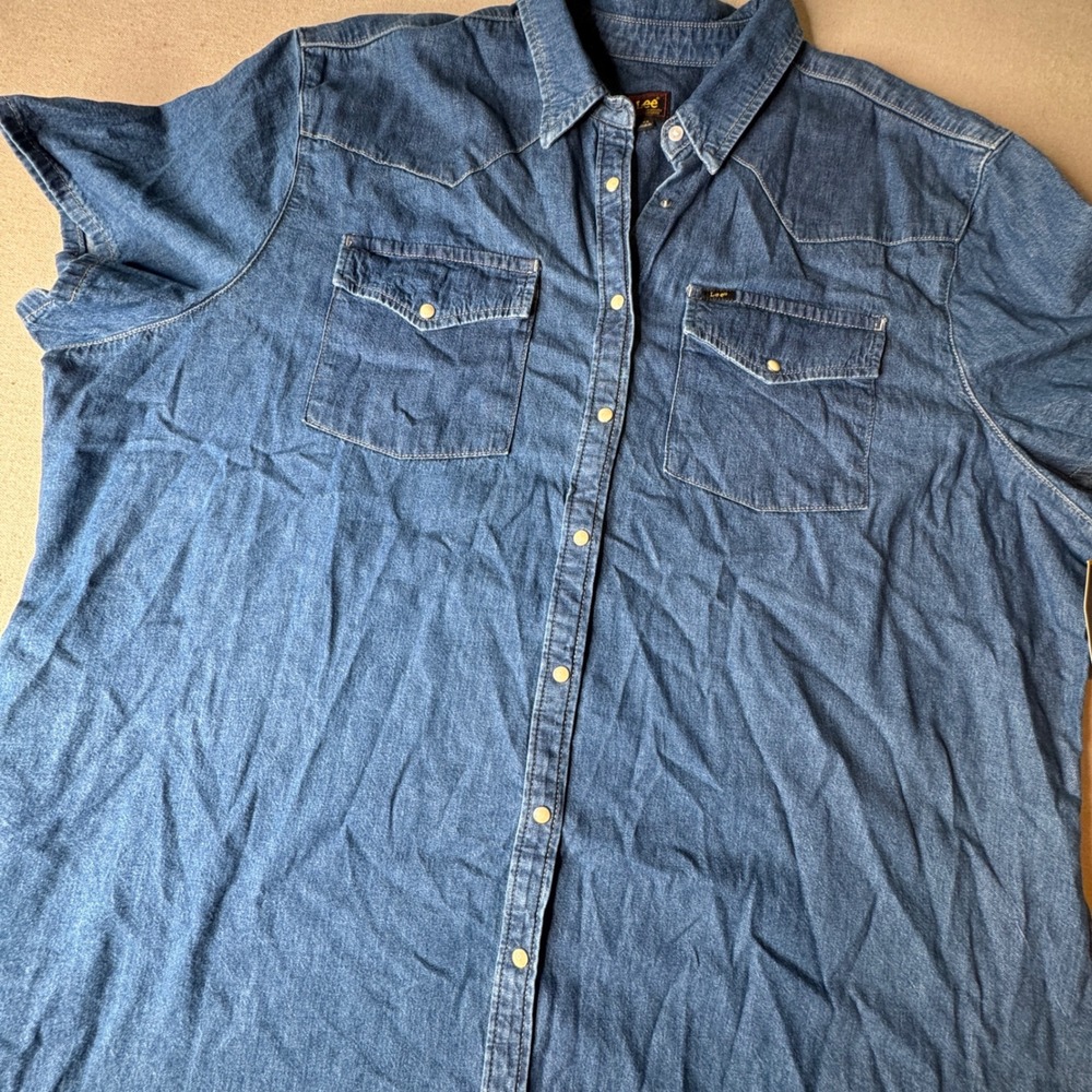 Lee Women 4X Western Denim Shirt Dress Blue Cotton Short Sleeve Pearl Snap NEW